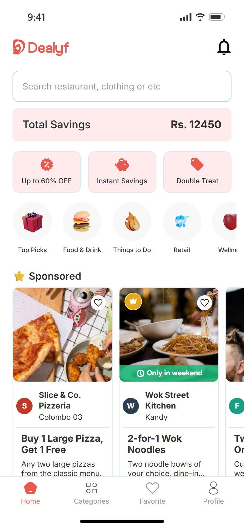 Dealyf user app home: search, total savings, deal types, business categories and sponsored buy-one-get-one deals