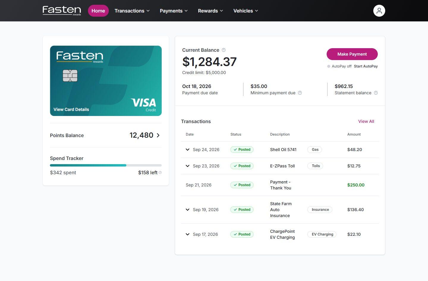 Fasten web app: home dashboard with card, points balance, spend tracker, account summary and recent transactions