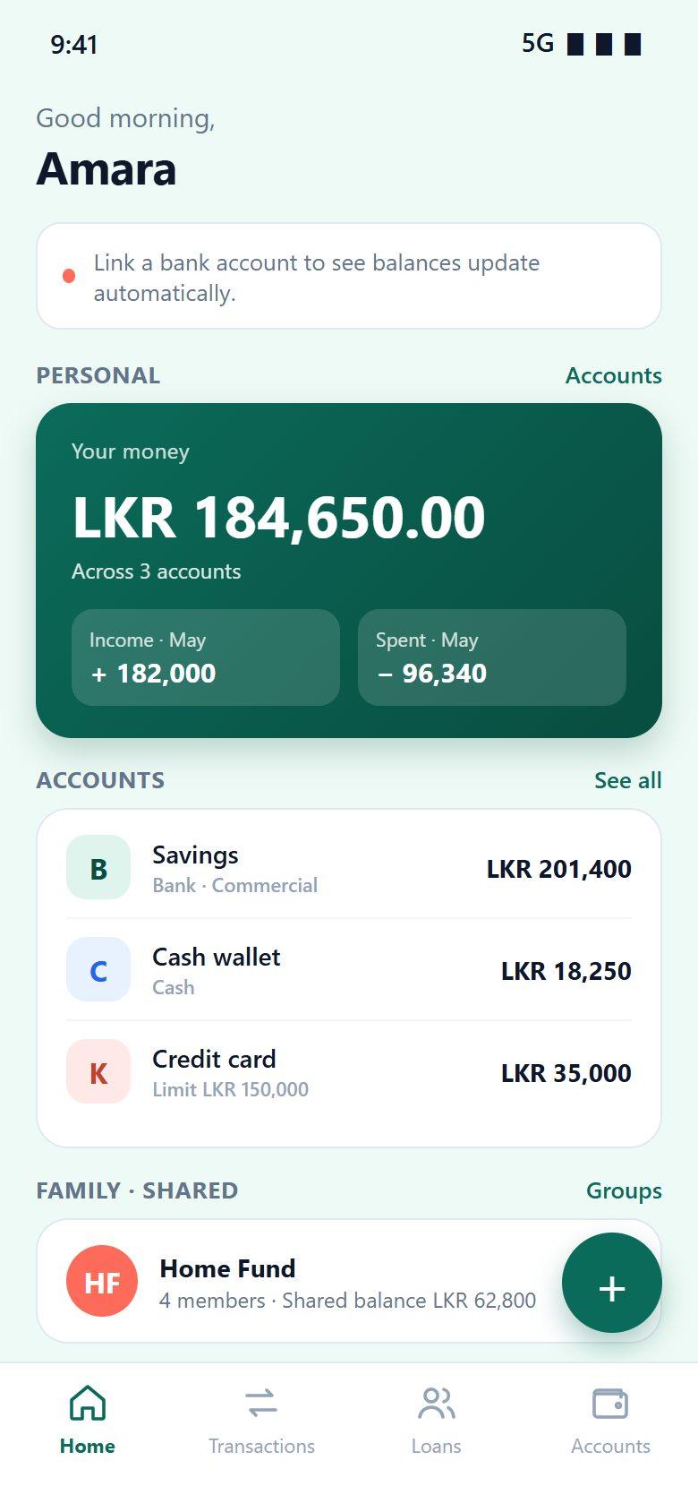 Fintrack home: greeting, total personal balance across accounts, income and spending for the month, account list and a shared family fund