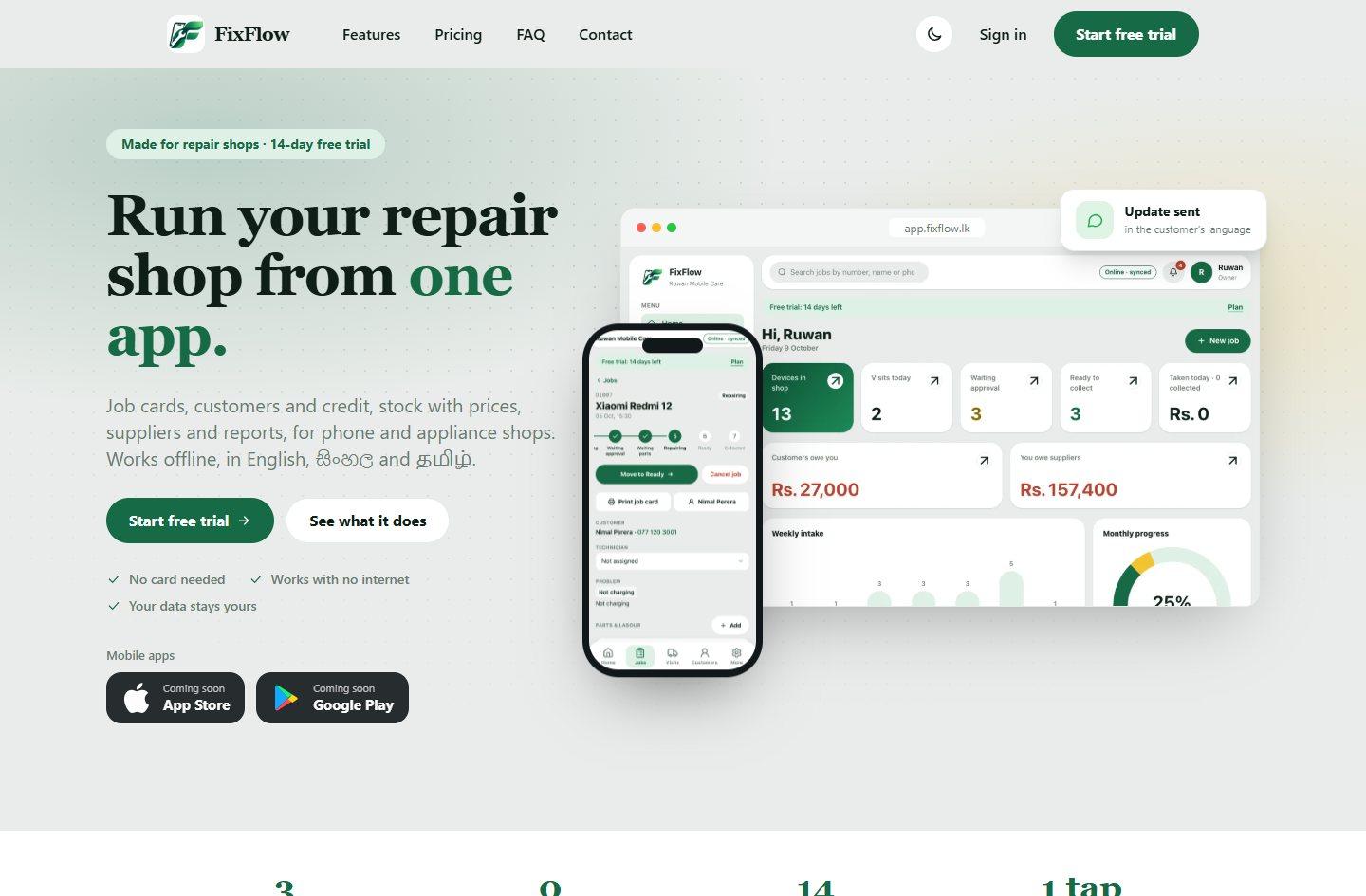 FixFlow website hero: run your repair shop from one app, with a desktop dashboard and phone preview, free trial and store badges