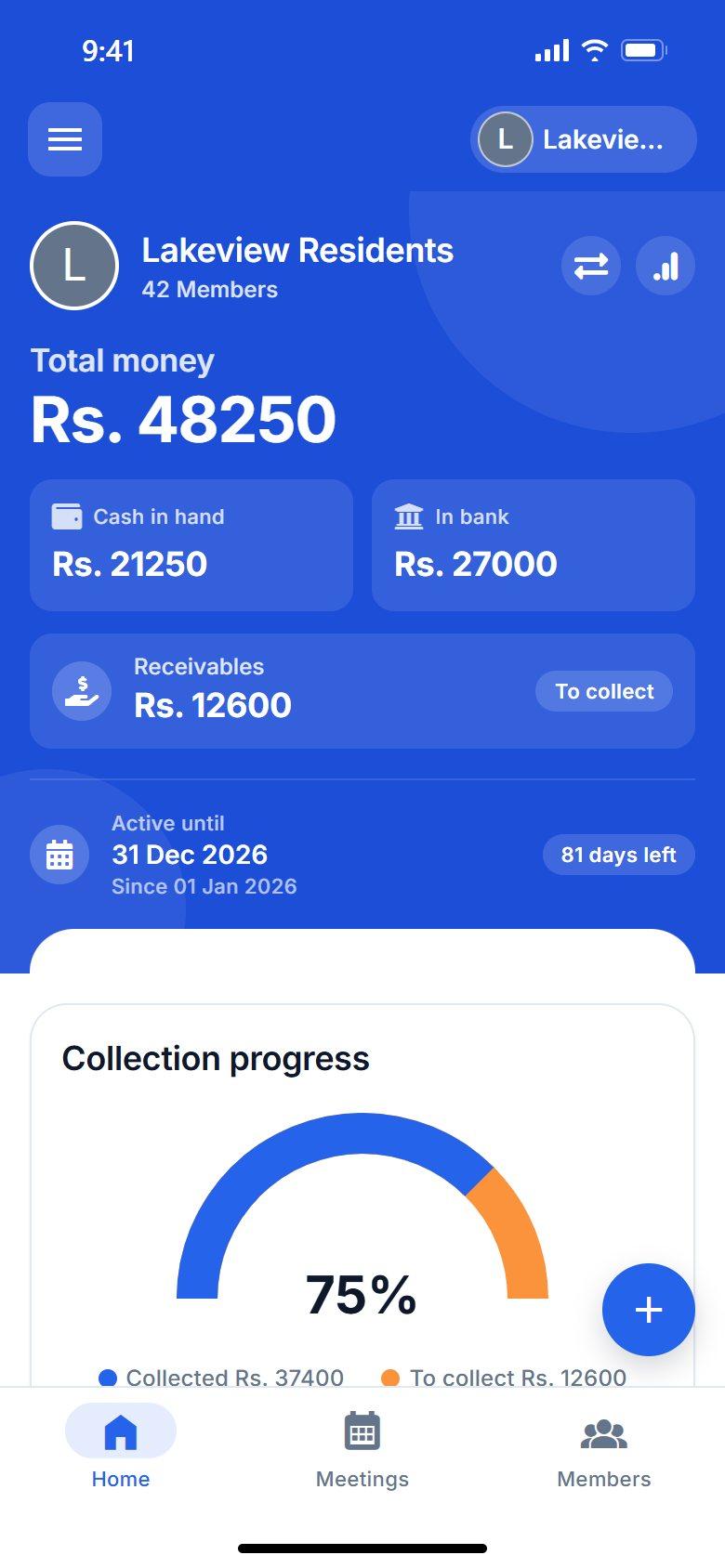 UnityMS society home: total money split into cash and bank, receivables, subscription status, collection progress and a money-in-hand trend, and a recent activity feed of records and payments